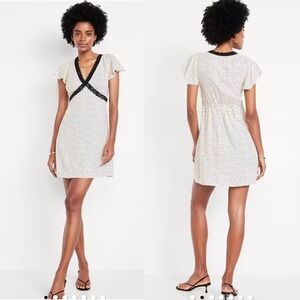 Old Navy Fit Flare Crepe Polka Dot Lace Trim Flutter Sleeve Mini Dress Sz Small